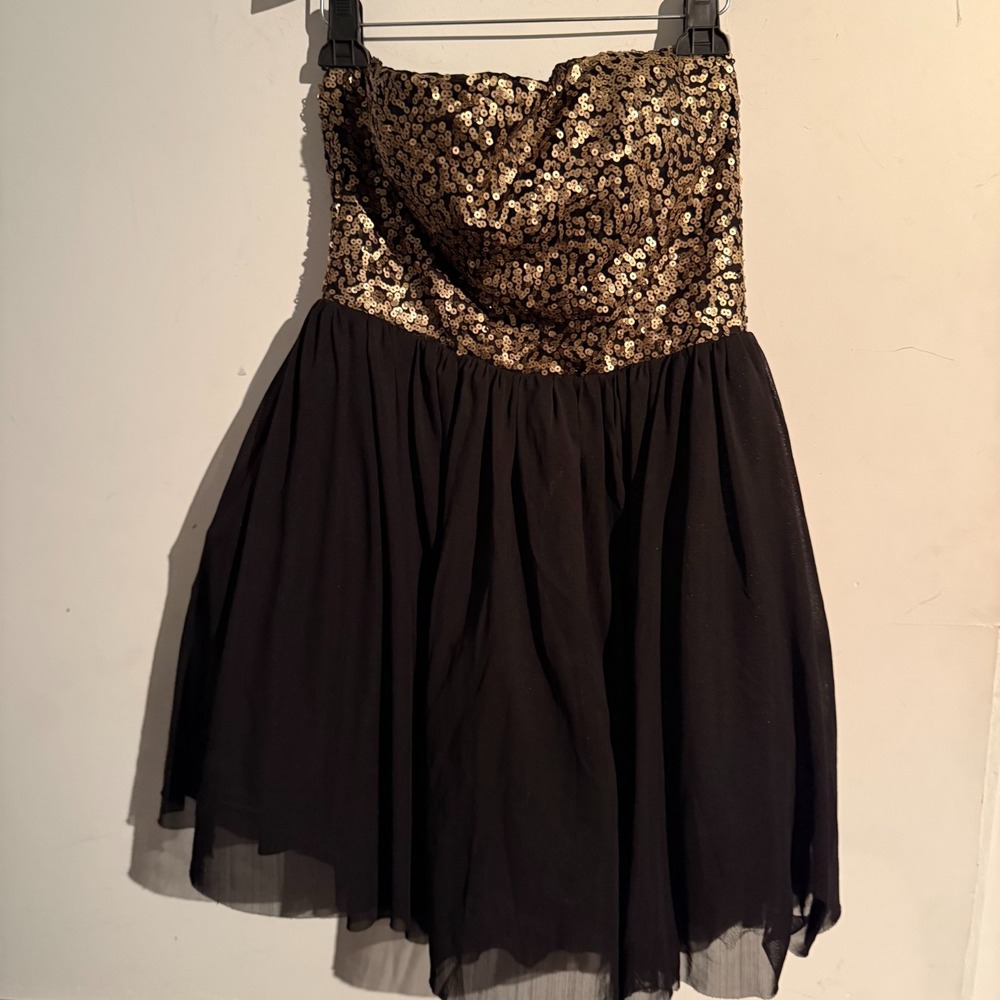 Rare‎ London Size 10 Strapless Sequin Bodice Dress Black Gold Fit Flare Party